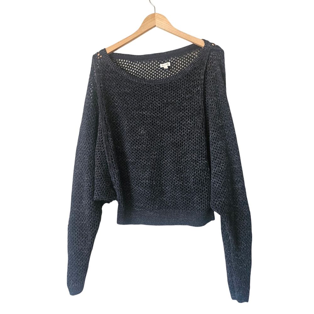 Pilcro by Anthropologie Open Stitch Crop Sweater, Dark Gray Metallic Flecked, L
